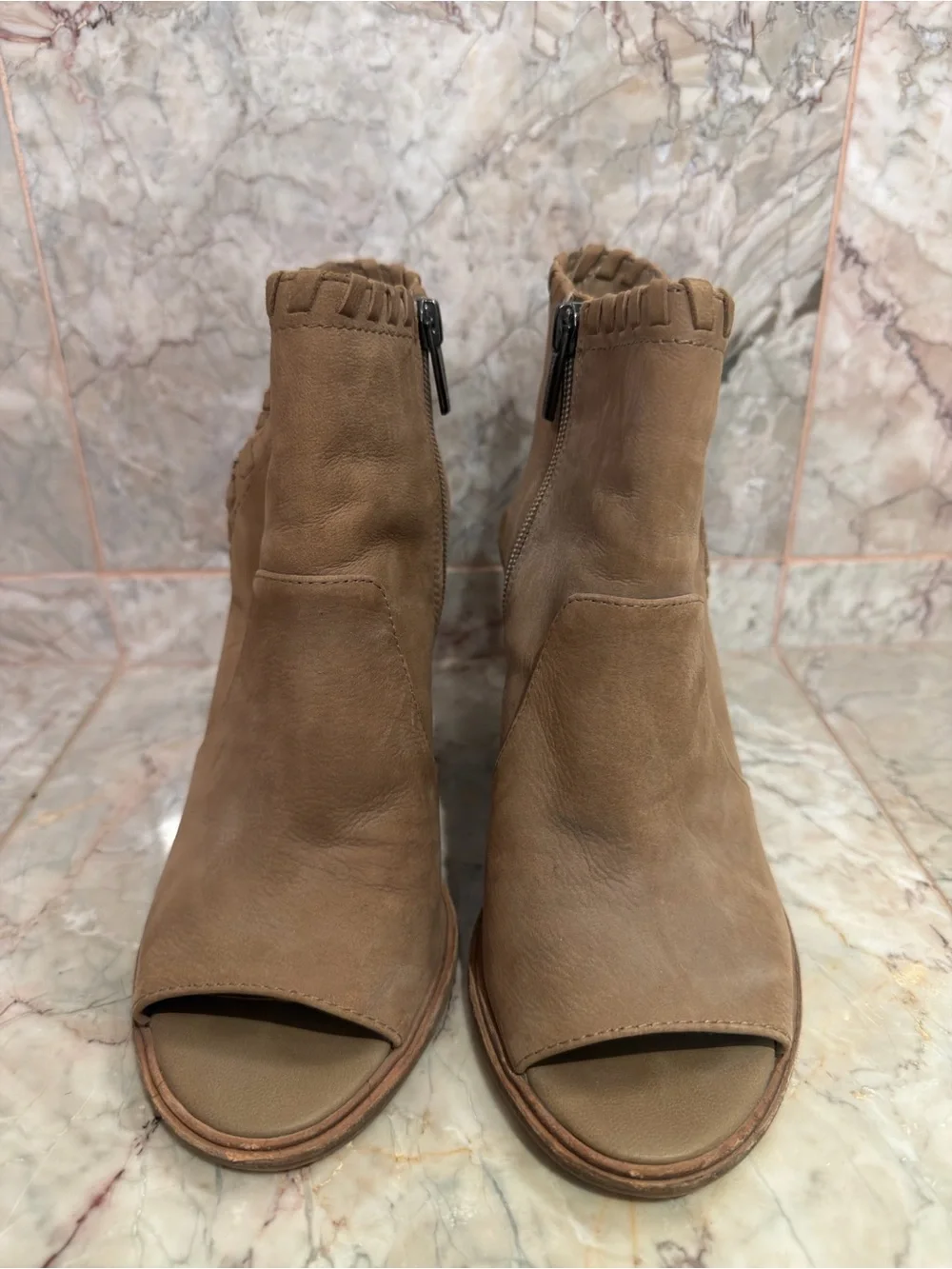 Vince Camuto Peep Toe Ankle Booties Tan Woven Block Heel